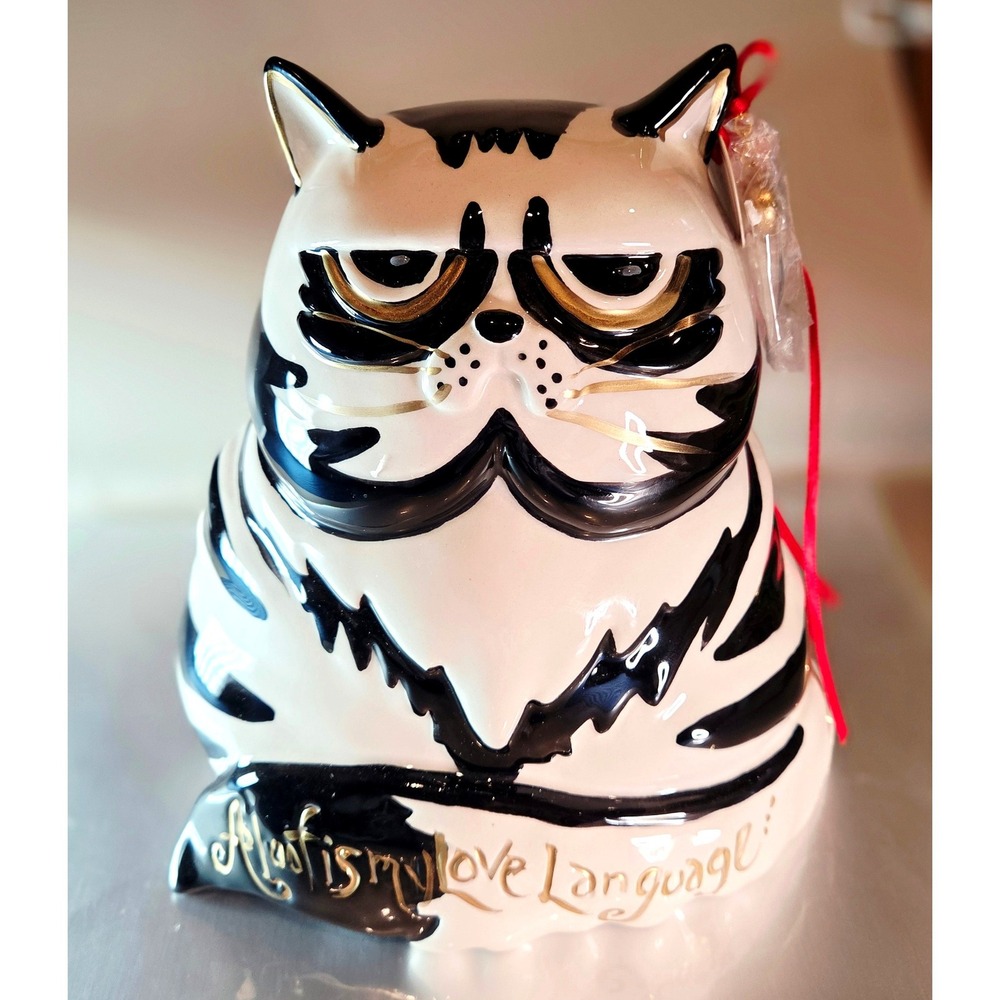 Blue Sky Ceramic Cat Aloofism Is My Love Language Figurine Black White Gold 8"